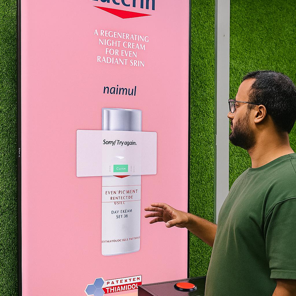 Guests playing Freeze the Frame interactive game at a corporate event in Dubai, focusing on screen visuals and pressing the button to stop the image at the perfect moment.